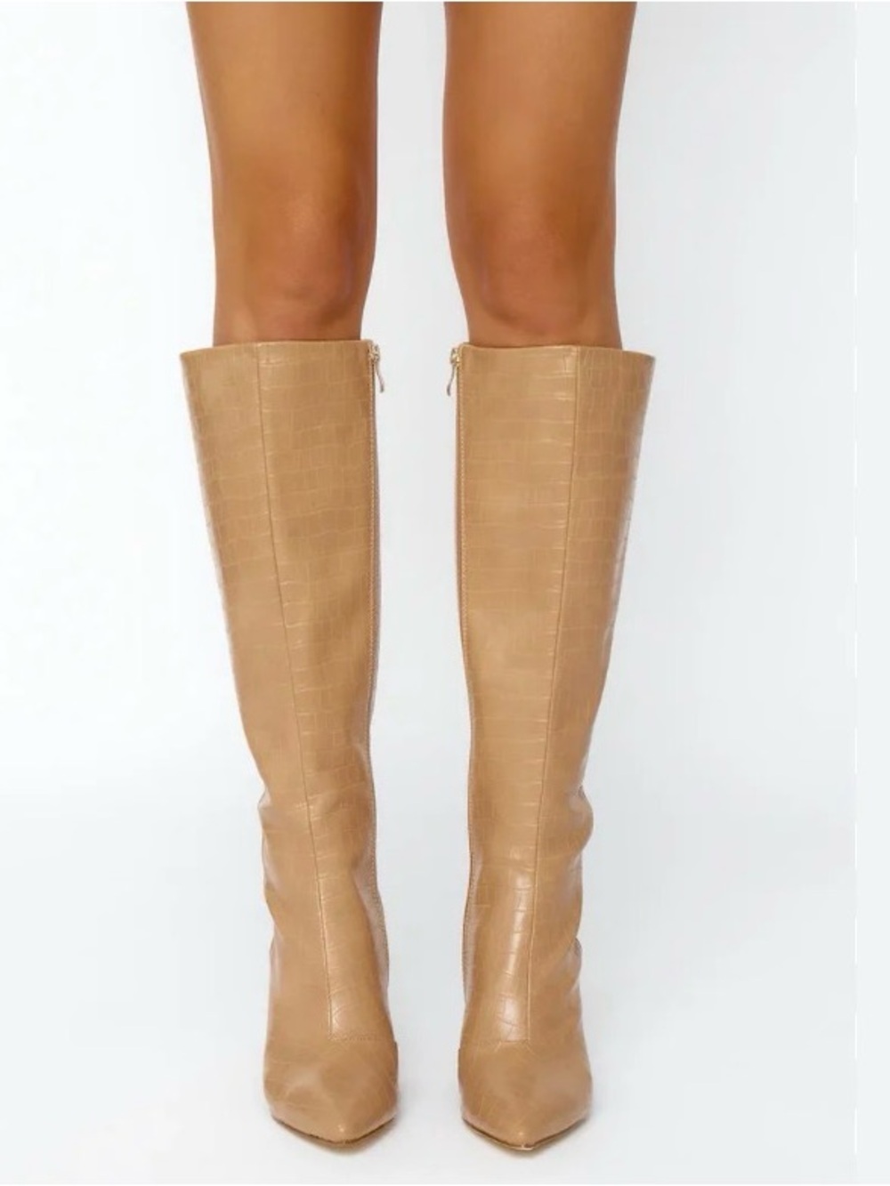 Billini Croc-Embossed Knee-High Pointed Toe Boots in Tan